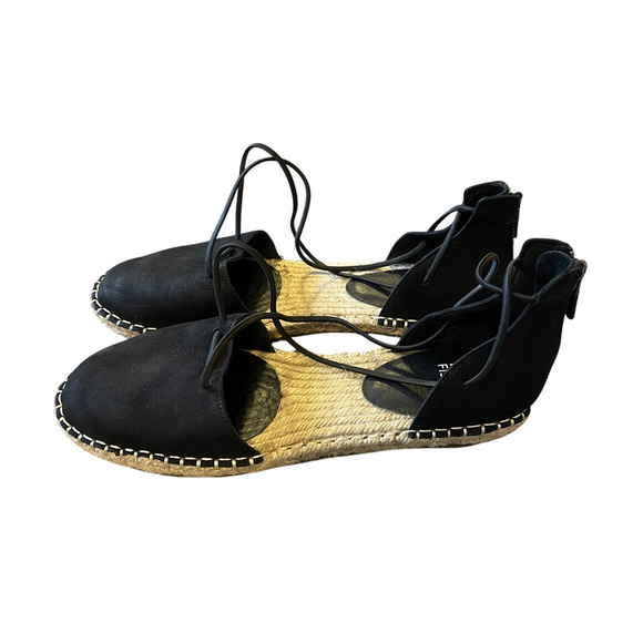 Eileen Fisher 7.5  LUXURY Leather Espadrille Sandals Rear Zipper Flat Black Tan - Picture 5 of 7